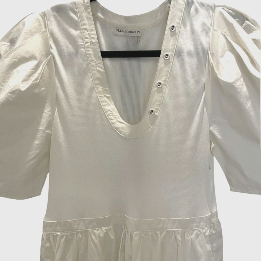 Ulla Johnson S Cotton Poplin Puff Sleeve Rory Dress Tiered Midi Ivory White $425 - Picture 7 of 11
